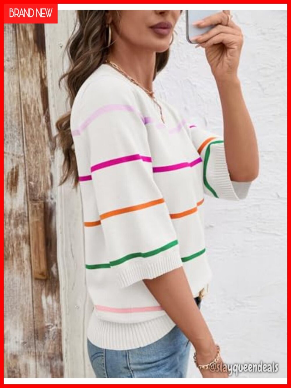 Womens Lightweight Knit Striped 3/4 Sleeve Crew Neck Pullover Sweater - Picture 4 of 6